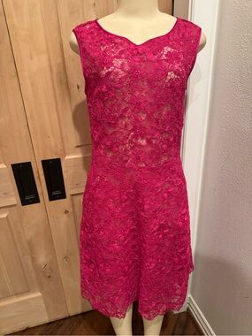 Teri Jon by Rickie Freeman Sleeveless Fuchsia Pink Lace A-Line Dress Sz 10